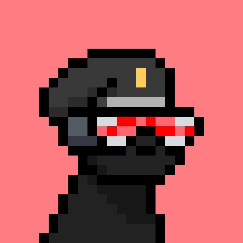 Pixel portrait used by Chuckmetax (@chuckmetax): a dark dog with a red visor on a pink background